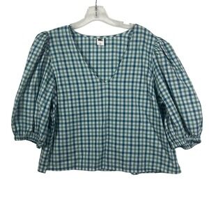 Melrose Market Green Gingham Puff Sleeve V-Neck Cotton Blouse Large